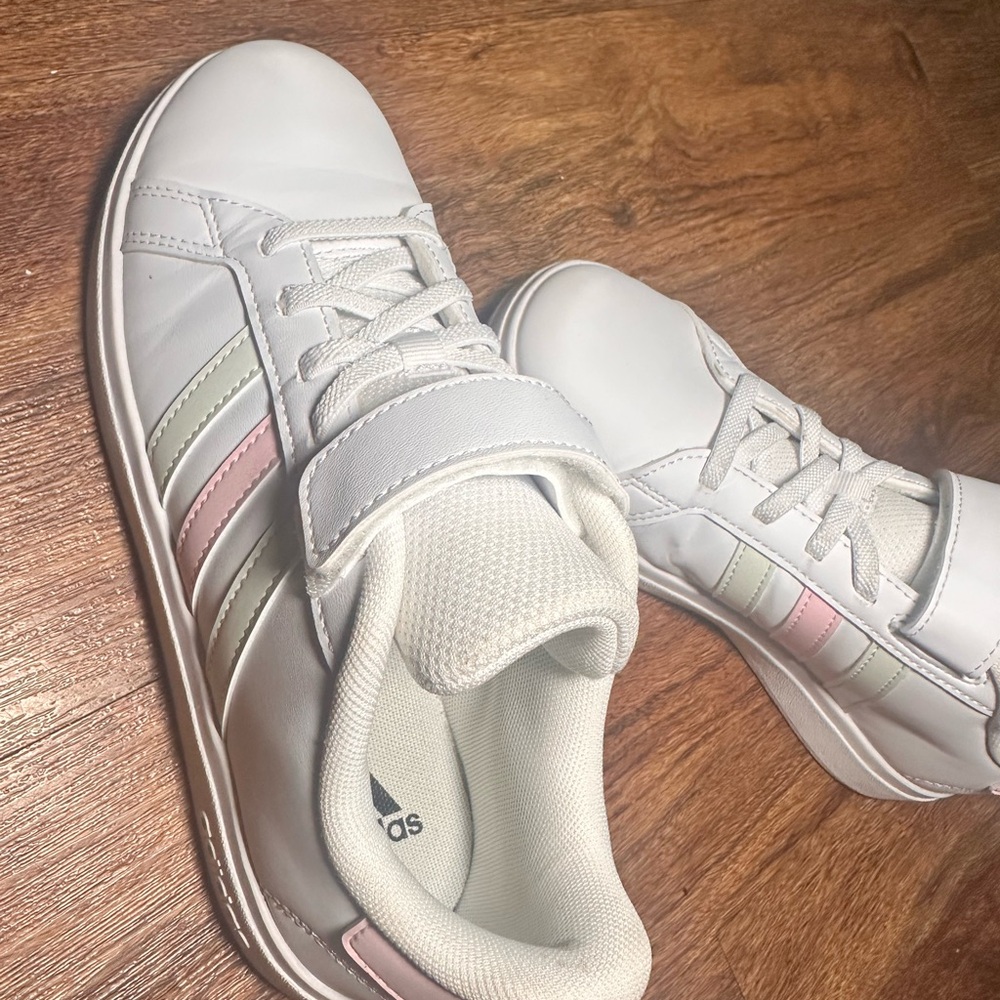 adidas Kids White Sneakers with Pink and Green Accents - Picture 2 of 6